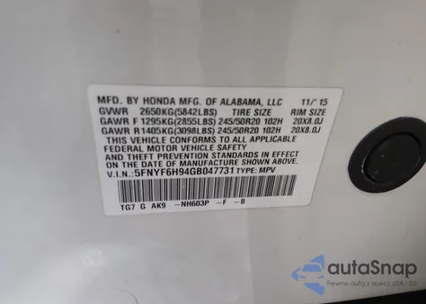 2016 Honda Pilot Touring из США, поврежденный, VIN 5FNYF6H94GB047731